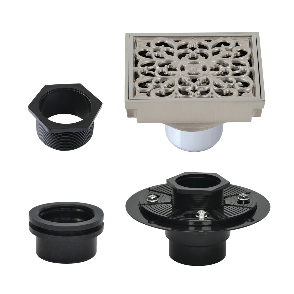 4" Brass Square Grid Shower Drain with Hair Strainer and Base Flange, Brushed Nickel