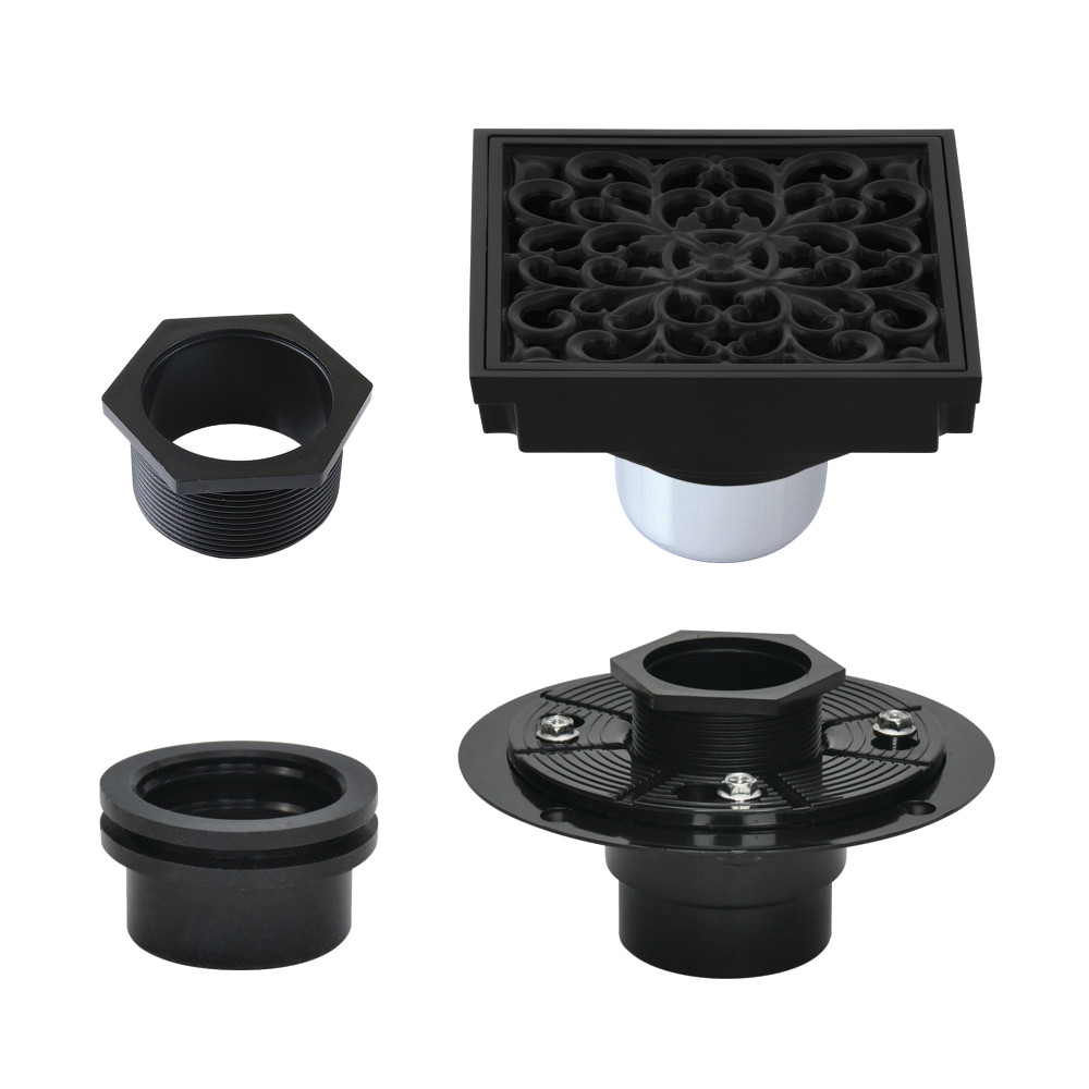4" Brass Square Grid Shower Drain with Hair Strainer and Base Flange, Matte Black