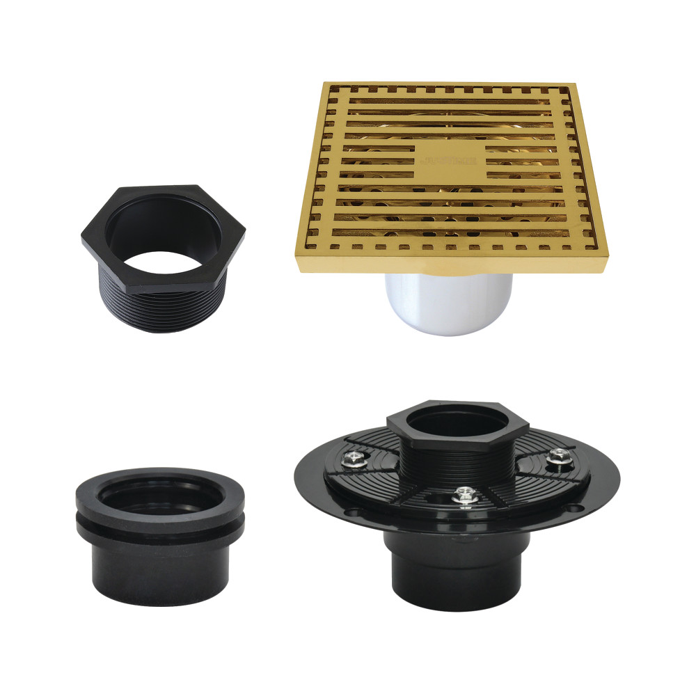 4" Brass Square Grid Shower Drain with Hair Strainer and Base Flange, Brushed Brass
