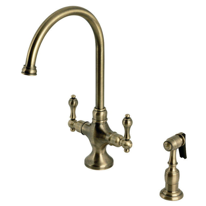 Picture of Kingston Brass KS1773ALBS Heritage 2-Handle Kitchen Faucet with Brass Sprayer, Antique Brass