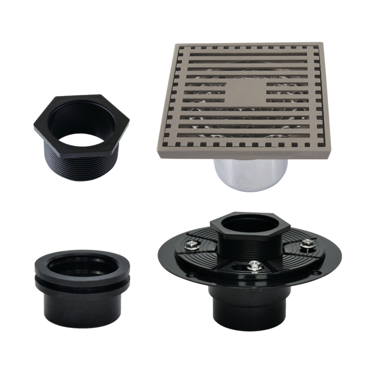 4" Brass Square Grid Shower Drain with Hair Strainer and Base Flange, Brushed Nickel