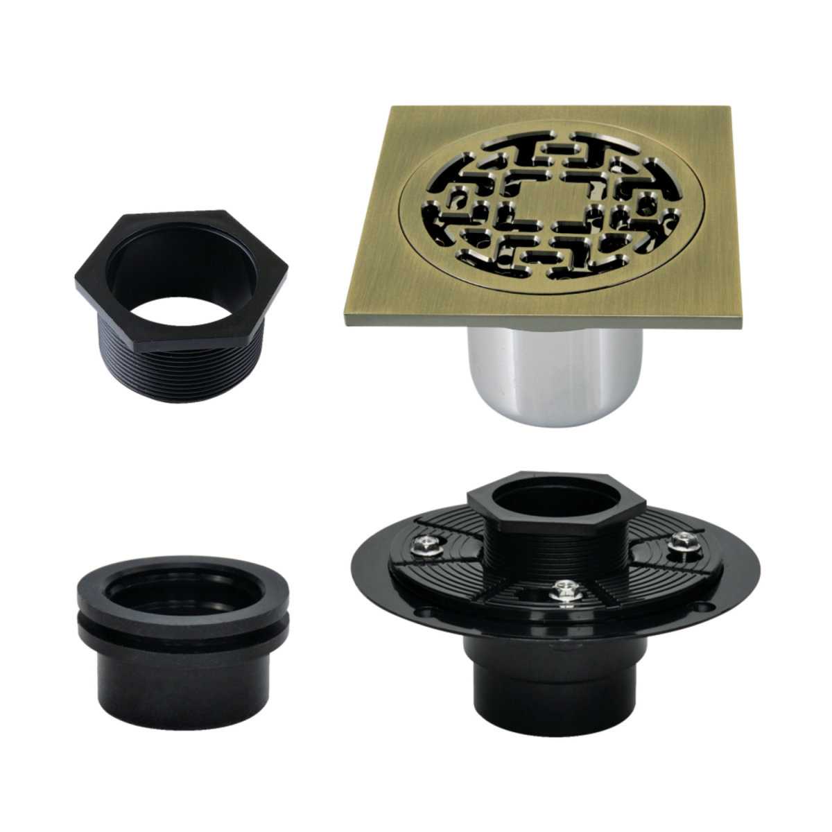 4 in. Watercourse Square Brass Shower Drain, Antique Brass