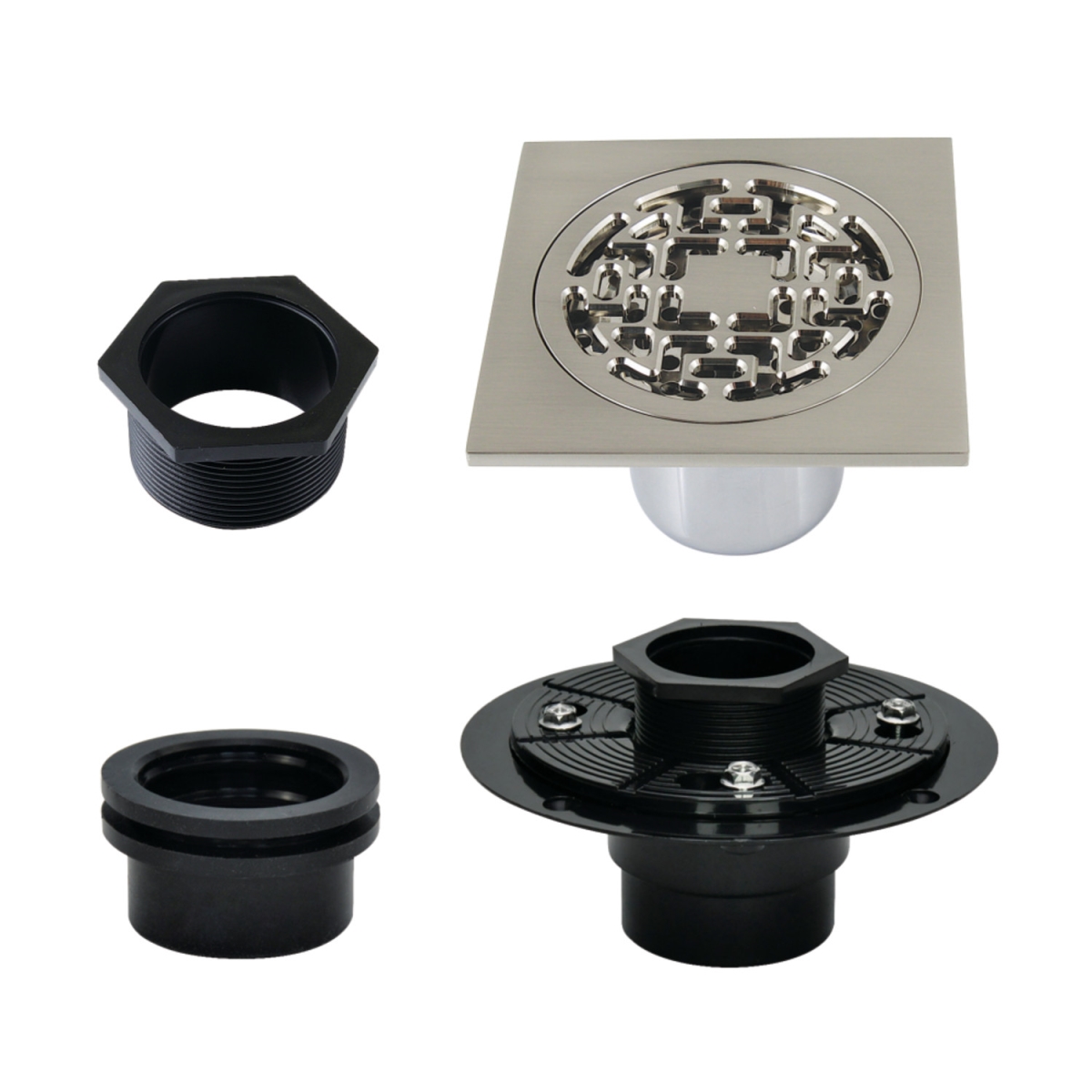 4" Brass Square Grid Shower Drain with Hair Strainer and Base Flange, Brushed Nickel