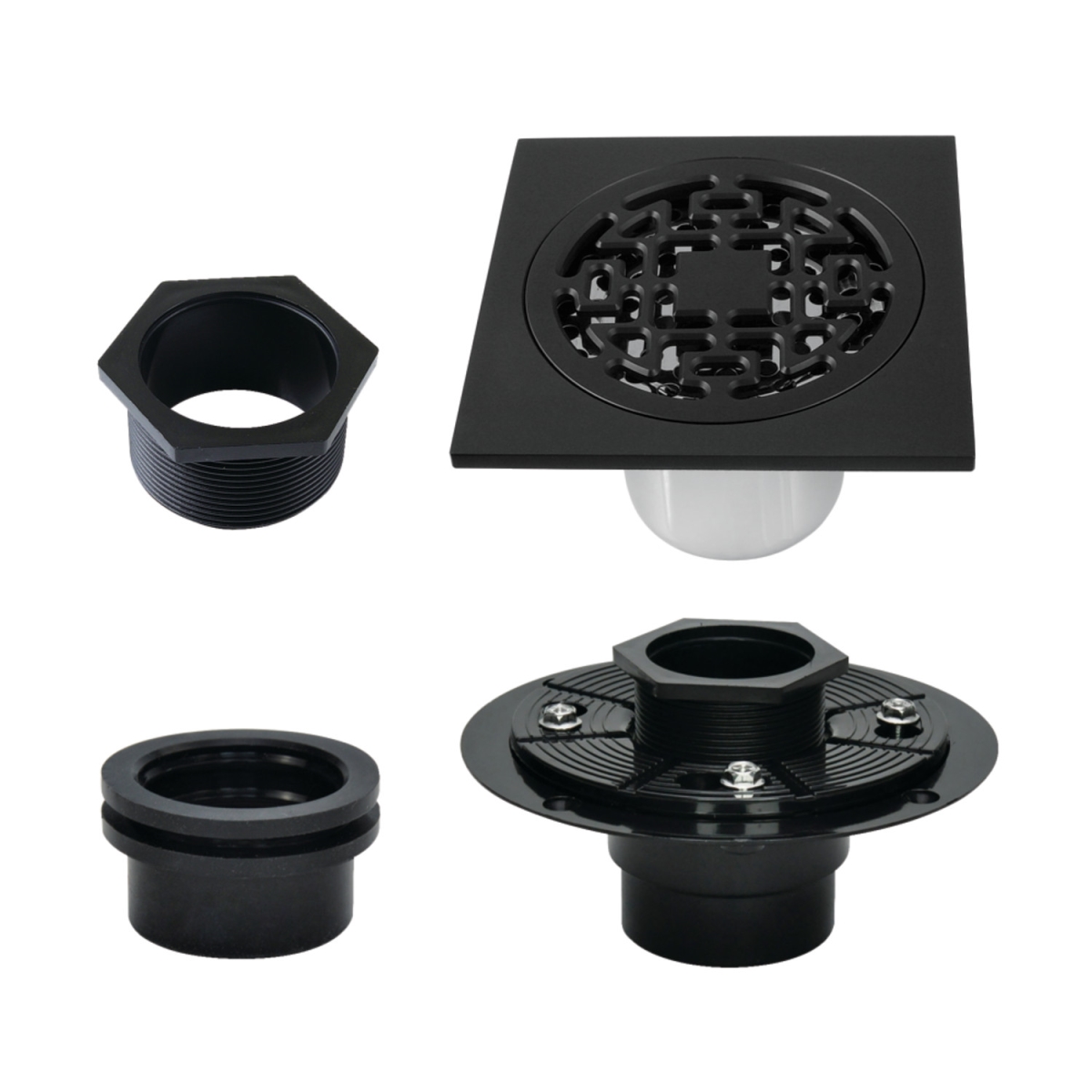 4" Brass Square Grid Shower Drain with Hair Strainer and Base Flange, Matte Black