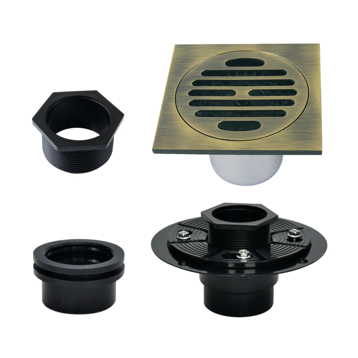 4 in. Watercourse Square Brass Shower Drain, Antique Brass