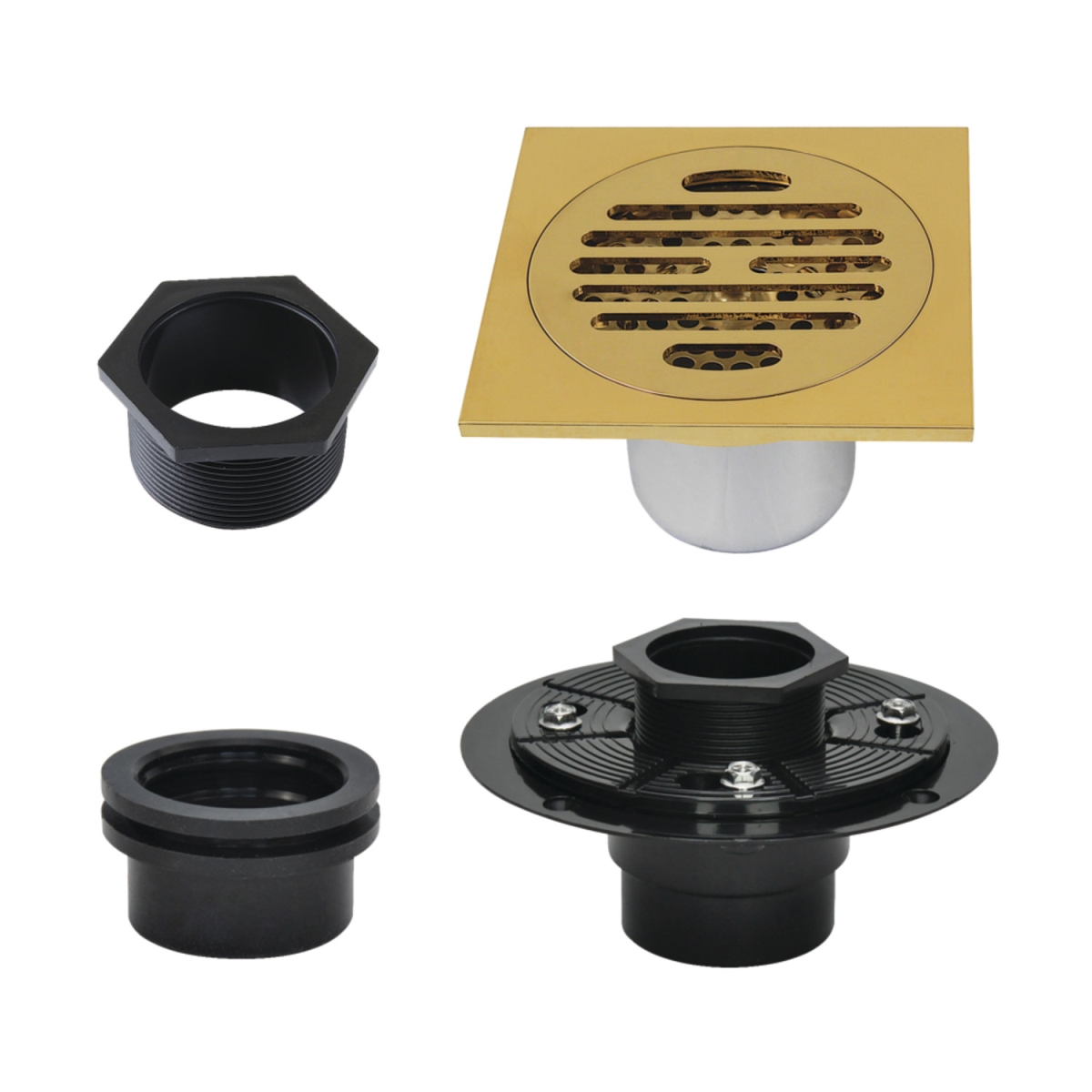 4" Brass Square Grid Shower Drain with Hair Strainer and Base Flange, Brushed Brass