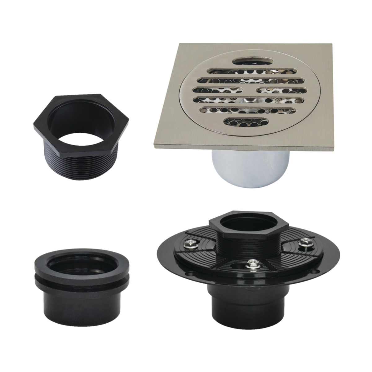 4" Brass Square Grid Shower Drain with Hair Strainer and Base Flange, Brushed Nickel