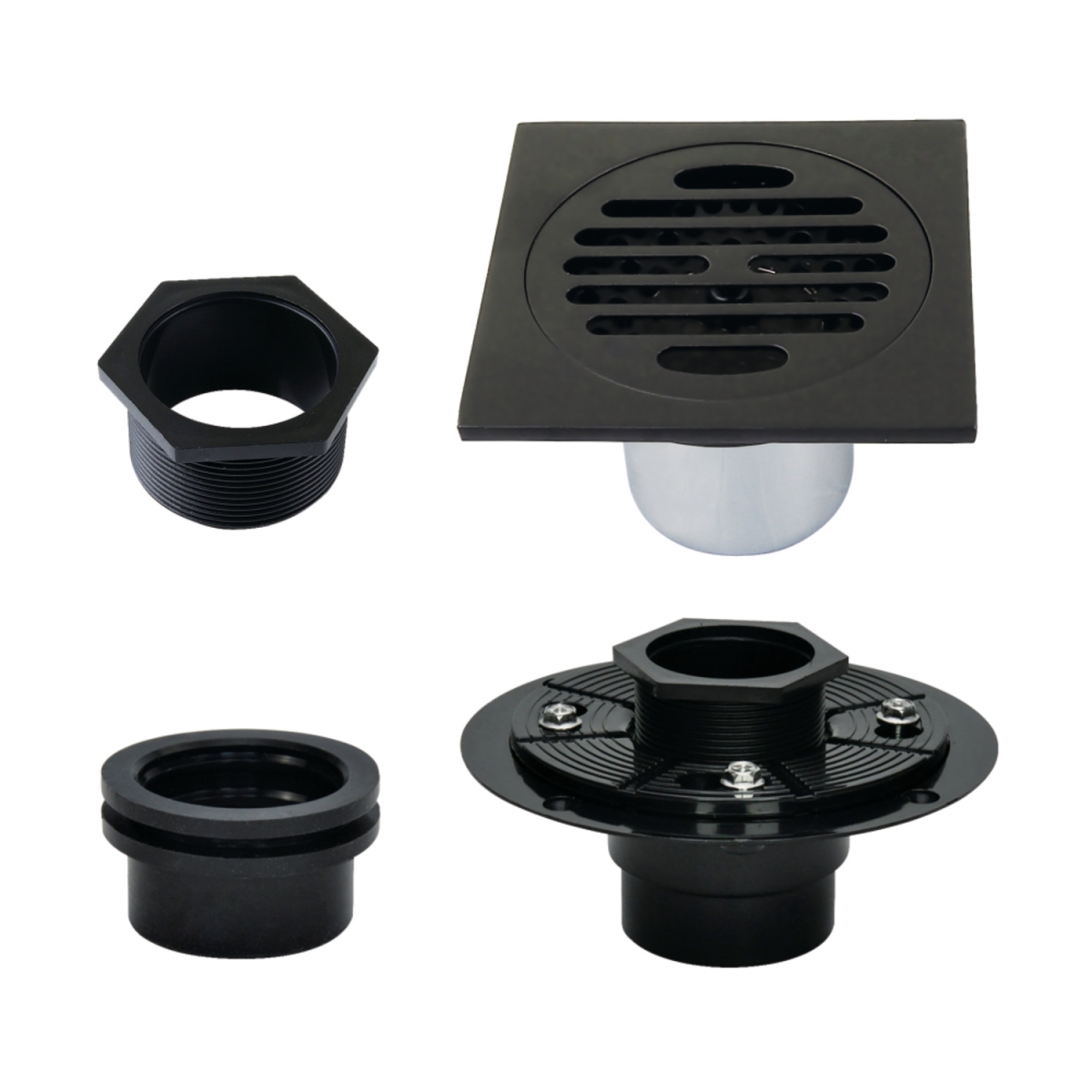 4" Brass Square Grid Shower Drain with Hair Strainer and Base Flange, Matte Black