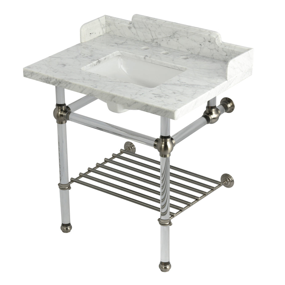 Picture of Kingston Brass LMS3030MASQB8 30 in. Pemberton Console Sink with Acrylic Legs&#44; Marble White & Brushed Nickel