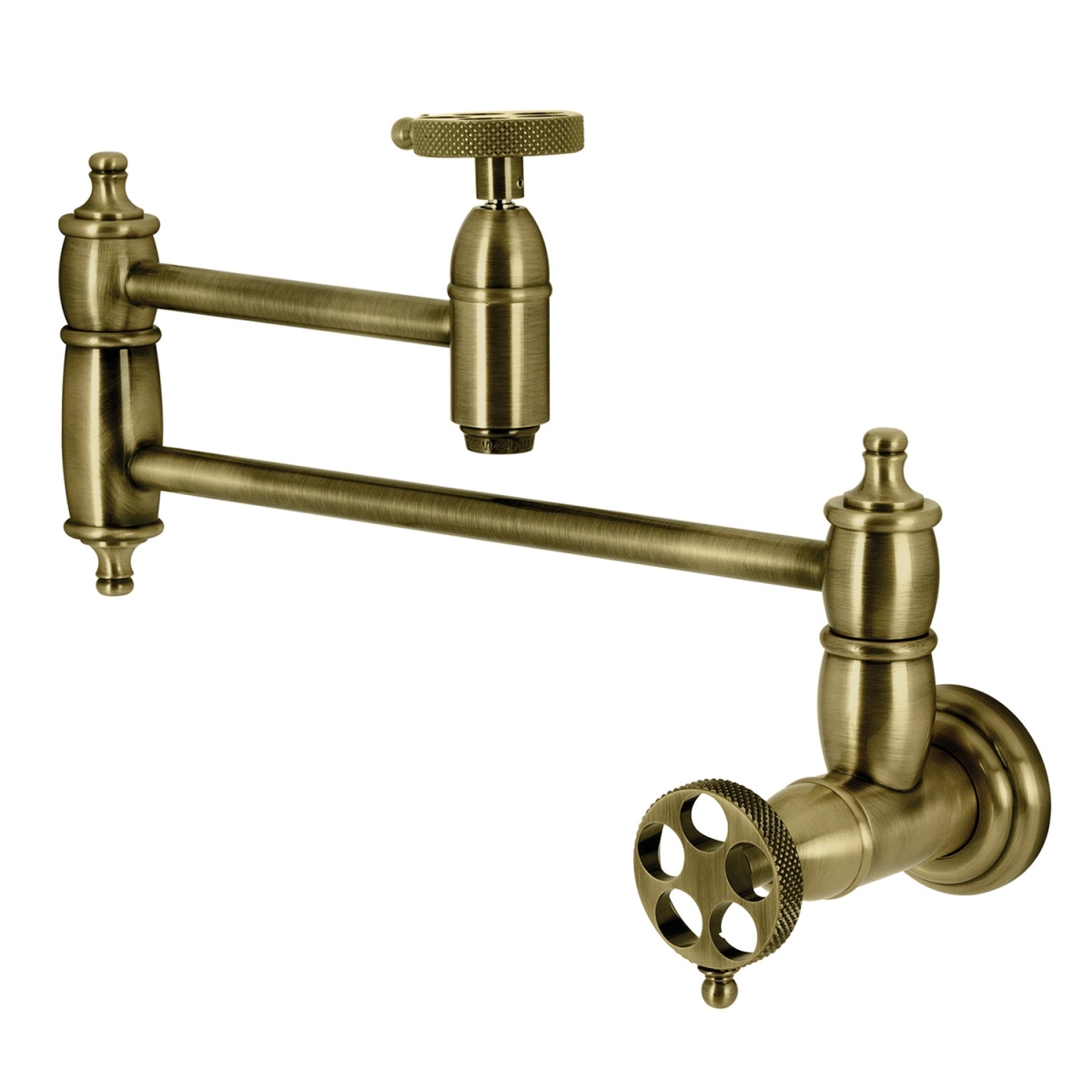 Picture of Kingston Brass KS3103RKX Webb Wall Mount Pot Filler with Knurled Handle, Antique Brass