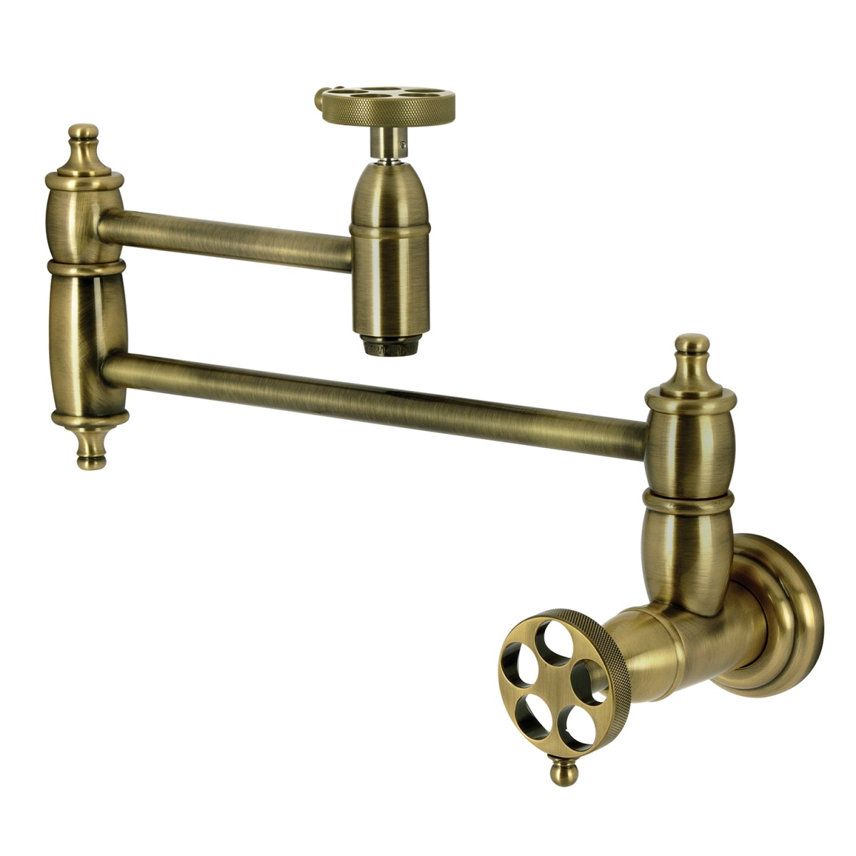 Picture of Kingston Brass KS3103RKZ Wendell Wall Mount Pot Filler with Knurled Handle, Antique Brass