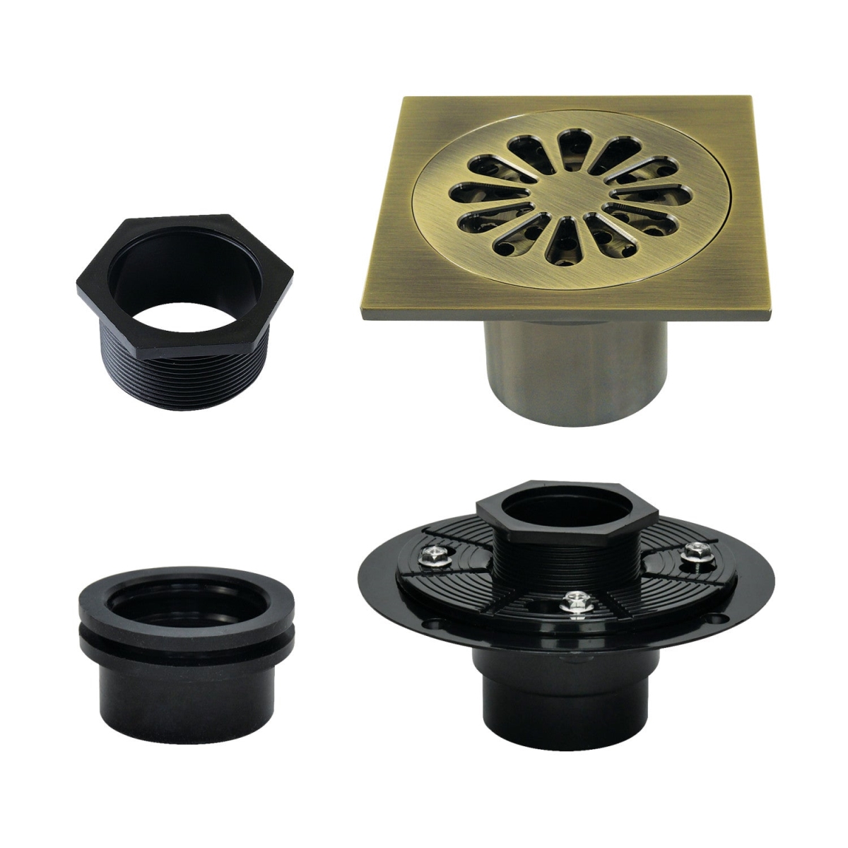 Watercourse 4 in. Square Brass Shower Drain, Antique Brass