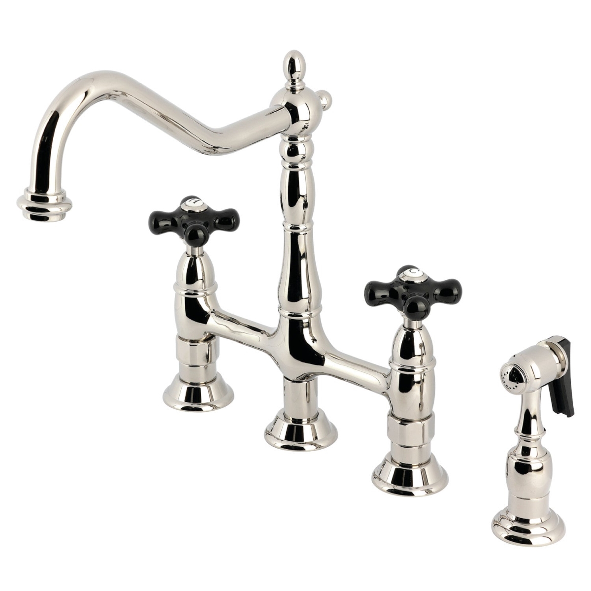 Picture of Kingston Brass KS1276PKXBS Duchess Bridge Kitchen Faucet with Brass Sprayer, Polished Nickel