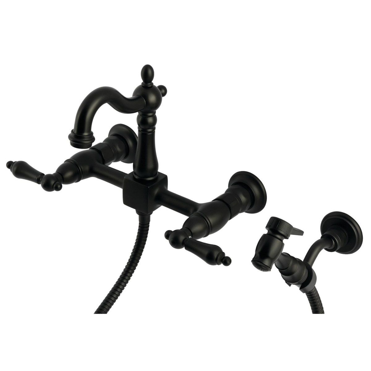 Picture of Kingston Brass KS2440ALBS Heritage Wall Mount Bridge Kitchen Faucet with Brass Sprayer, Matte Black