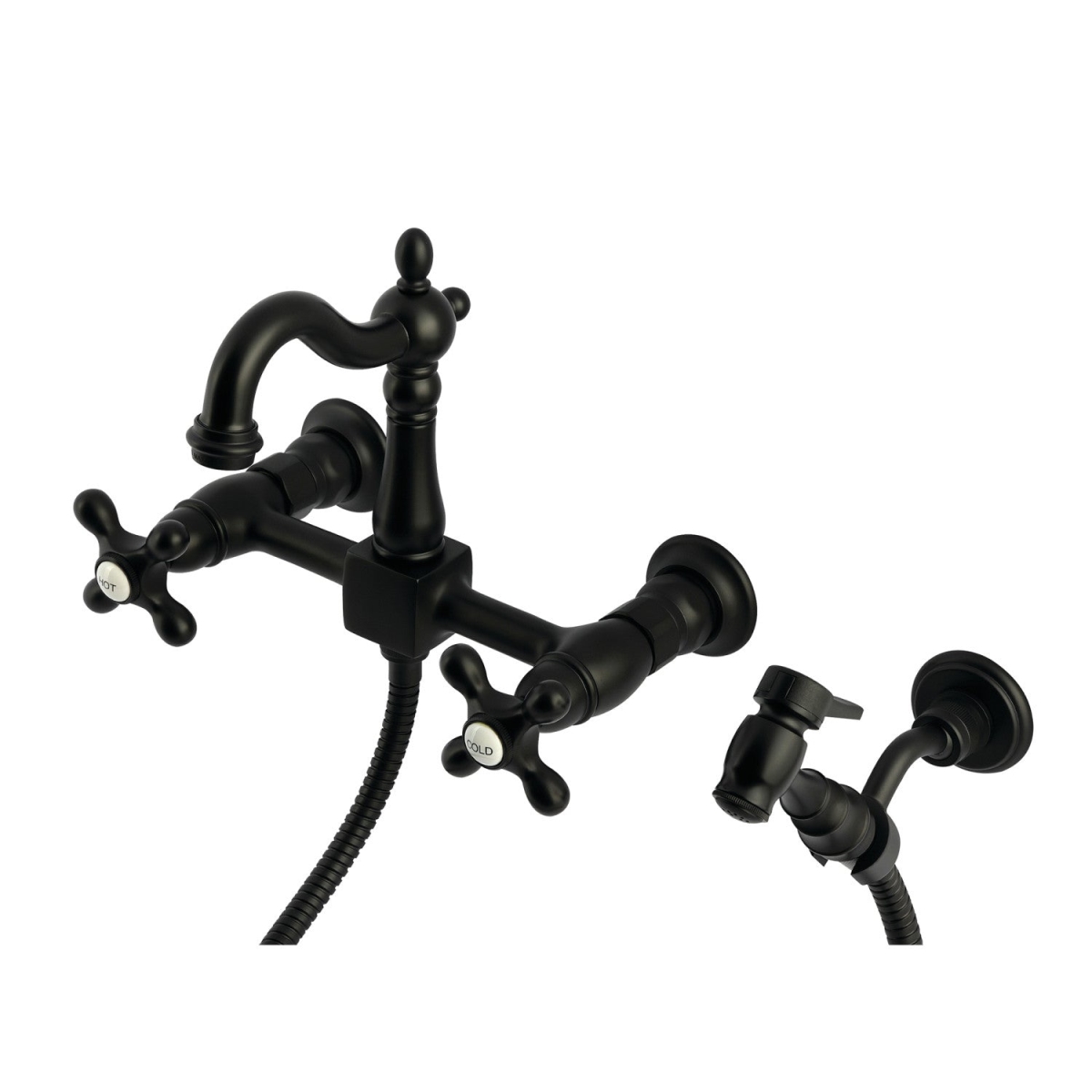 Picture of Kingston Brass KS2440AXBS Heritage Wall Mount Bridge Kitchen Faucet with Brass Sprayer, Matte Black
