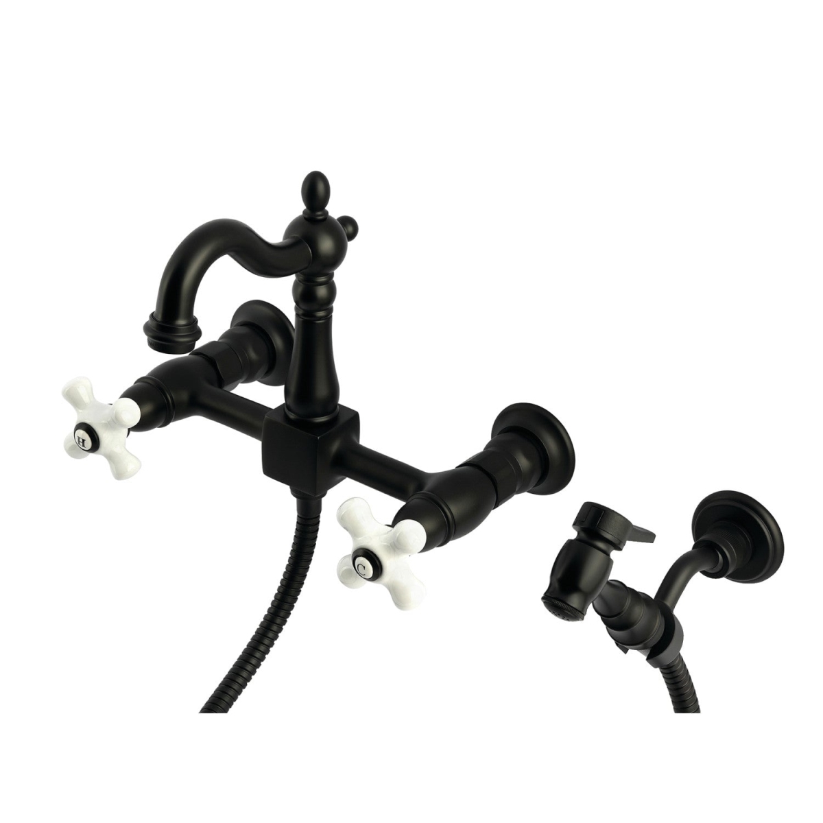 Picture of Kingston Brass KS2440PXBS Heritage Wall Mount Bridge Kitchen Faucet with Brass Sprayer, Matte Black