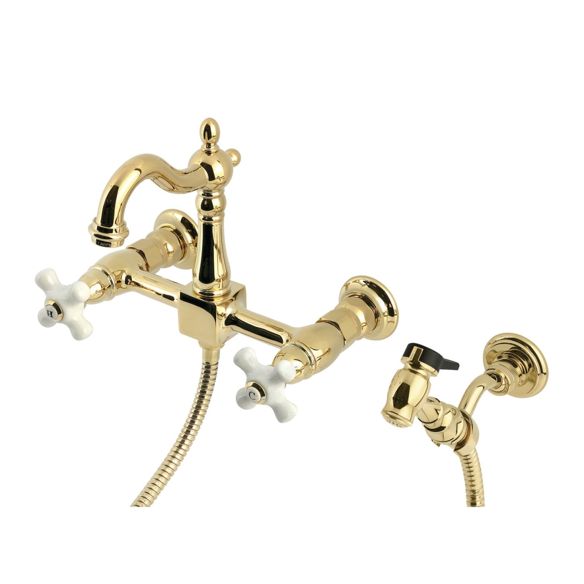 Picture of Kingston Brass KS2442PXBS Heritage Wall Mount Bridge Kitchen Faucet with Brass Sprayer, Polished Brass
