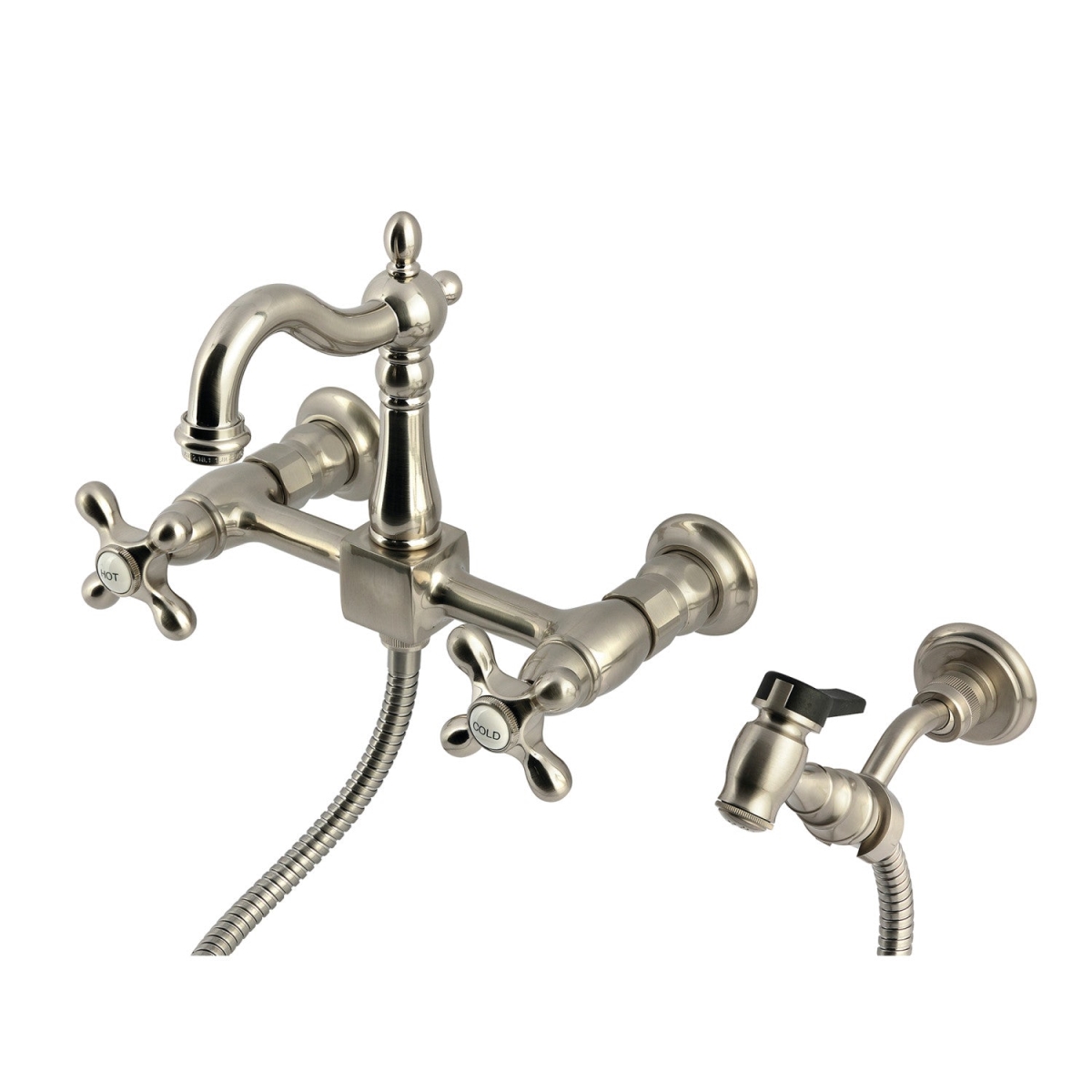 Picture of Kingston Brass KS2448AXBS Heritage Wall Mount Bridge Kitchen Faucet with Brass Sprayer, Brushed Nickel