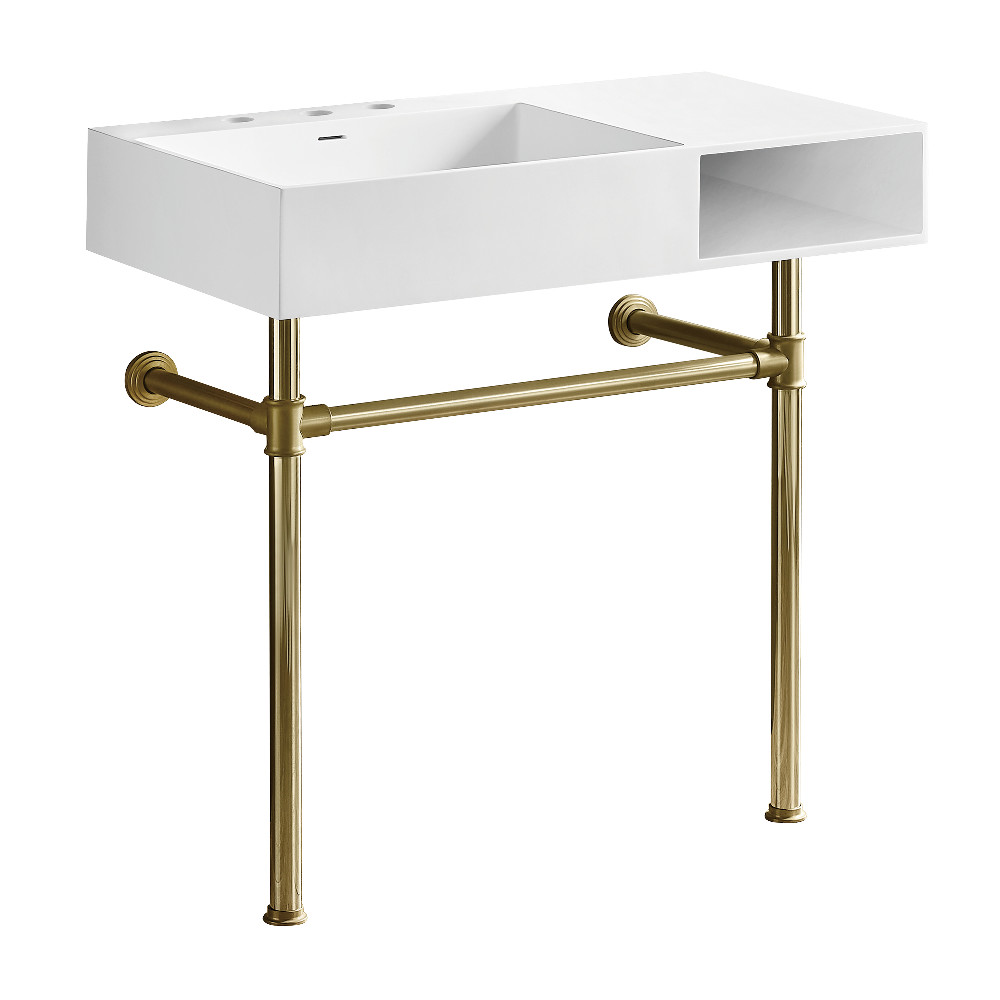 KVPB3368SQA2 Aurelius 36 in. Solid Surface Console Sink with Stainless Steel Legs - Matte White & Polished Brass