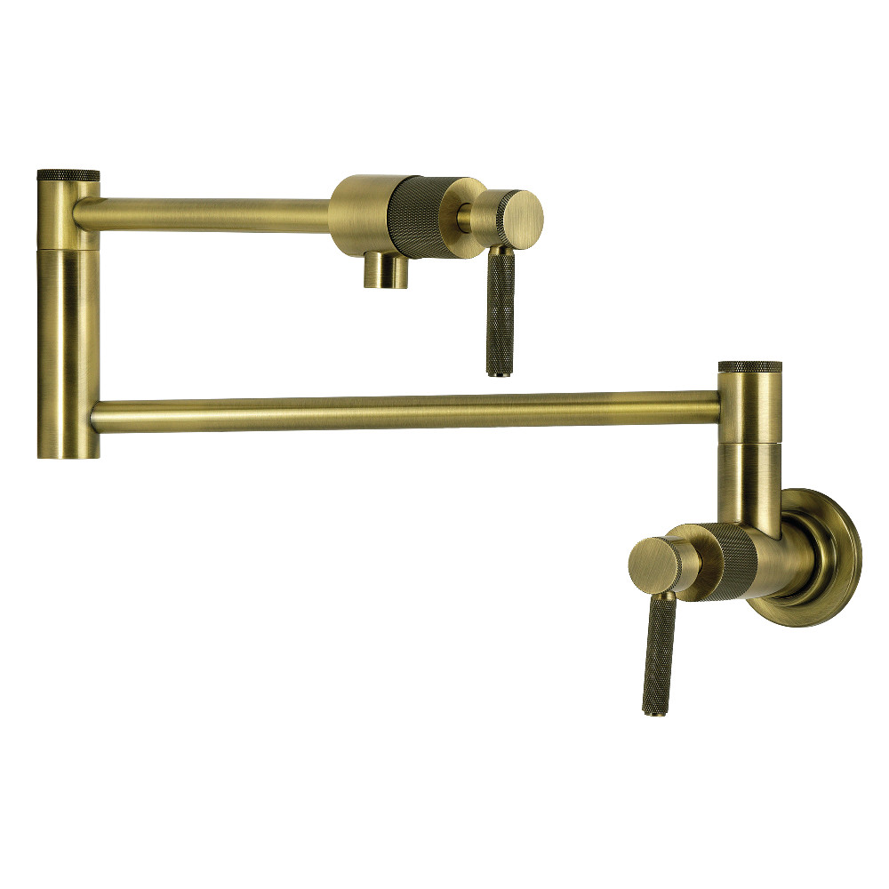 Picture of Kingston Brass KS4103KNL Convergent Wall Mount Pot Filler Faucet with Knurled Handle, Antique Brass
