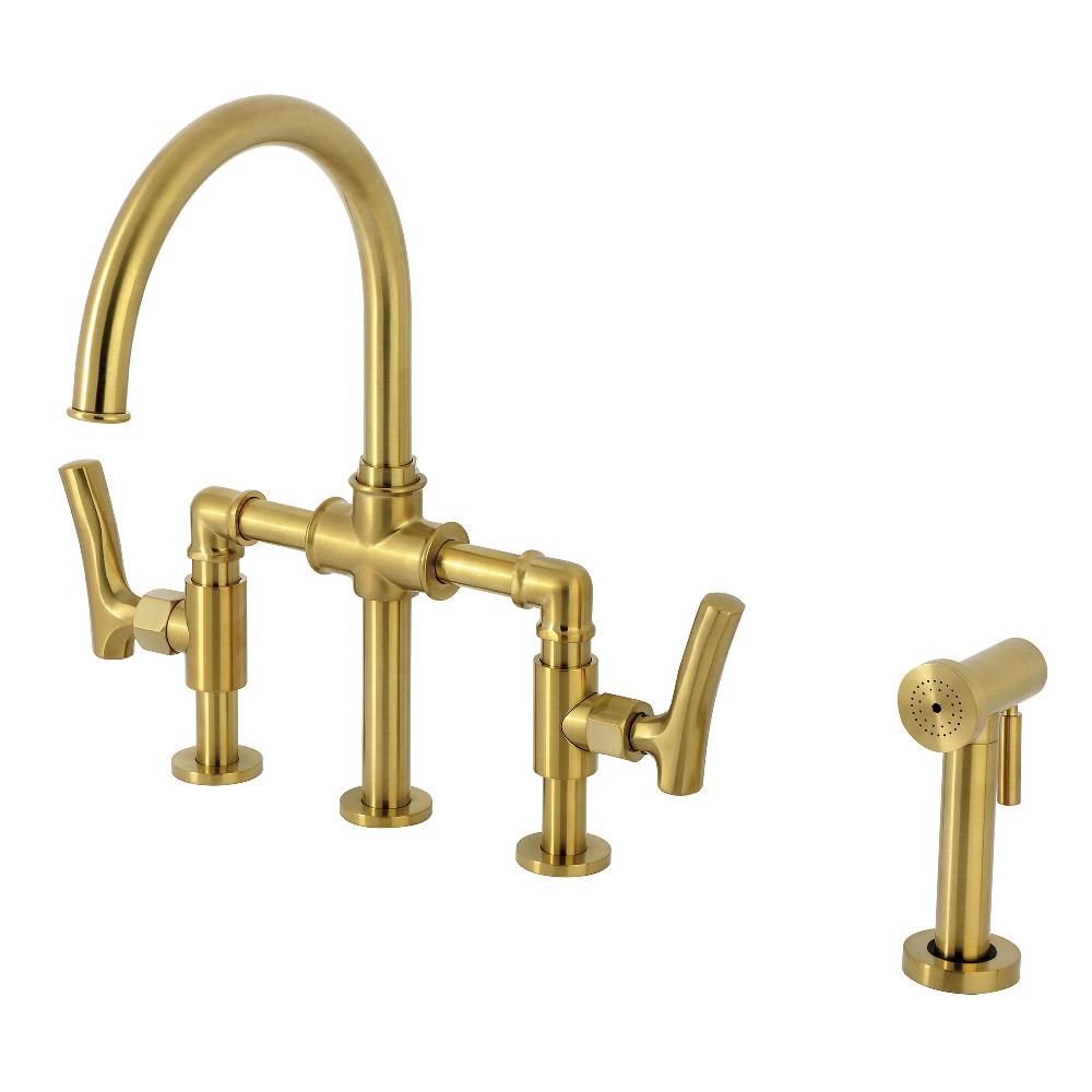 Picture of Kingston Brass KS2337TKL Hallerbos Bridge Kitchen Faucet with Brass Side Sprayer - Brushed Brass