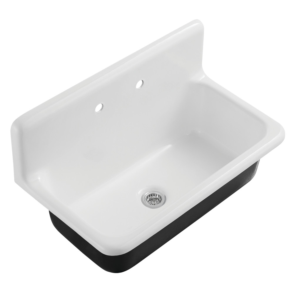 Picture of Kingston Brass KGCKWS3620111 Petra Galley 36 in. Cast Iron Single Bowl Wall Mount Kitchen Sink with Strainer - White & Polished Chrome