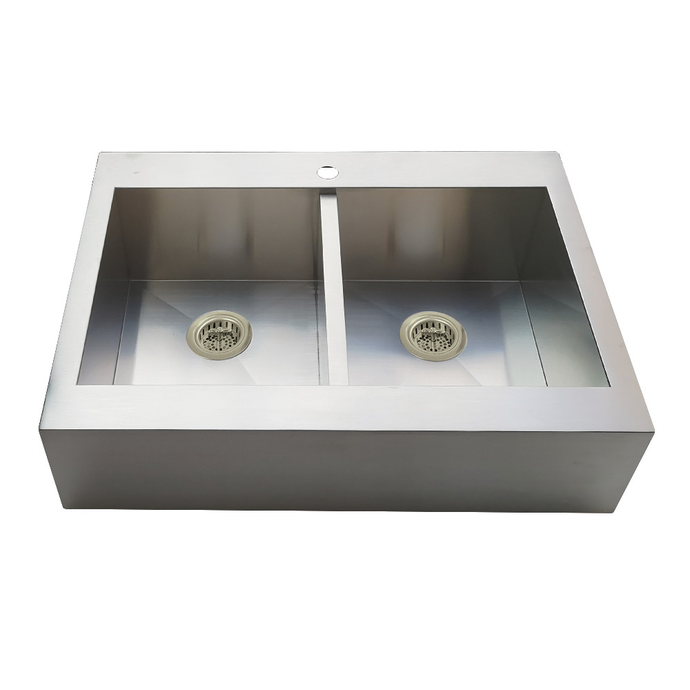 Picture of Kingston Brass KGKTDF3624918 Edinburg 36 in. Stainless Steel Double Bowl Drop-In Kitchen Sink with Strainer - Stainless Steel & Brushed Nickel