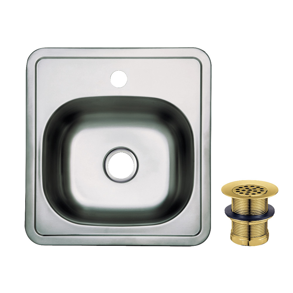 Picture of Kingston Brass KGKTS151517 15 in. Stainless Steel Self-Rimming Single Bowl Drop-In Bar Prep Sink with Strainer - Stainless Steel & Brushed Brass