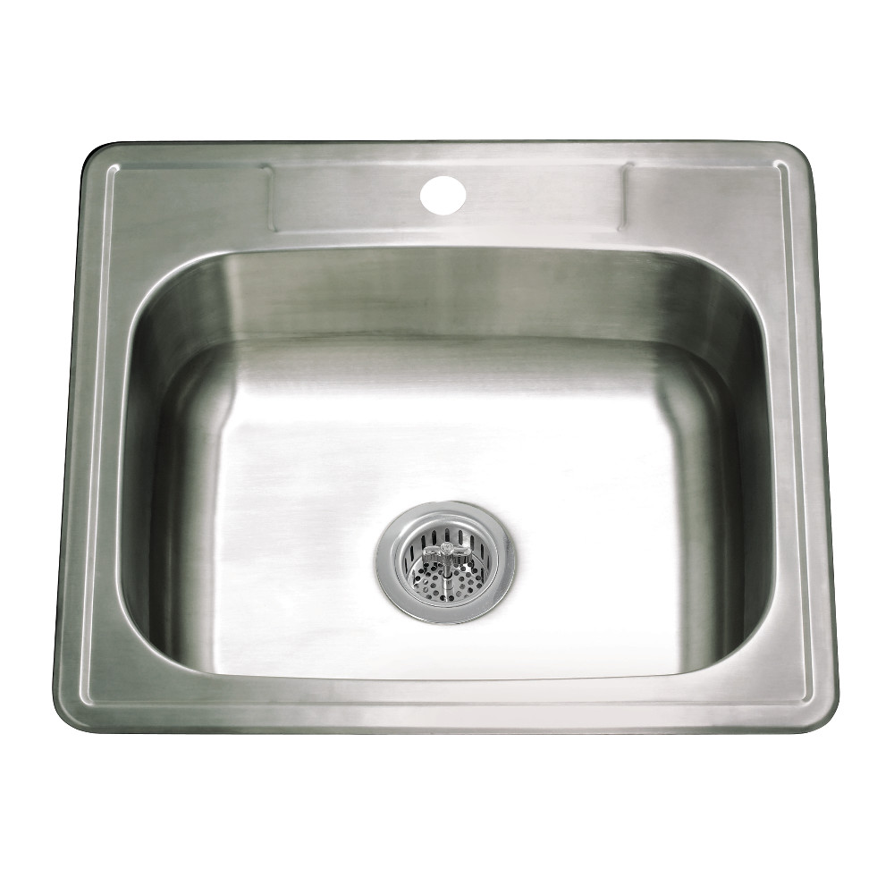 Picture of Kingston Brass KGKTS2522811 25 in. Stainless Steel Self-Rimming Single Bowl Drop-In Kitchen Sink with Strainer, Stainless Steel & Polished Chrome