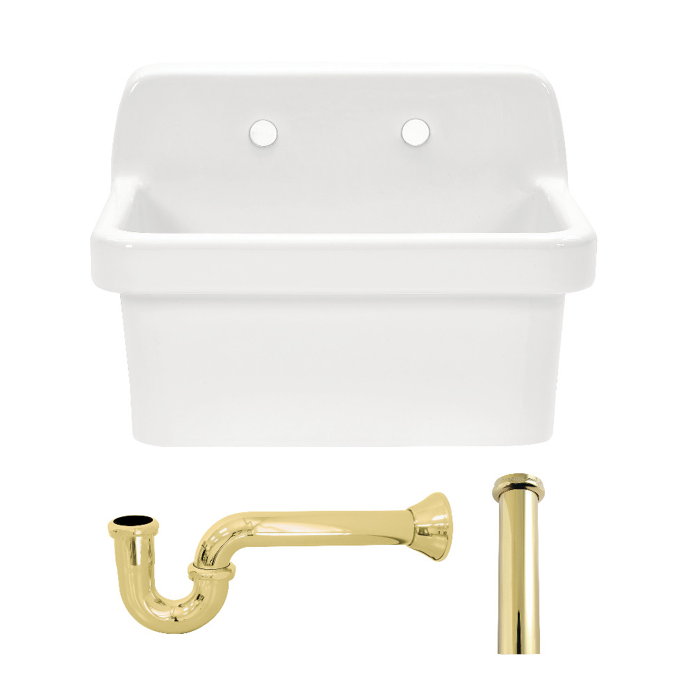 Picture of Kingston Brass KGPKWS2419172 Doriteal 24 in. Ceramic Single Bowl Wall Mount Kitchen Sink with Strainer - White & Polished Brass