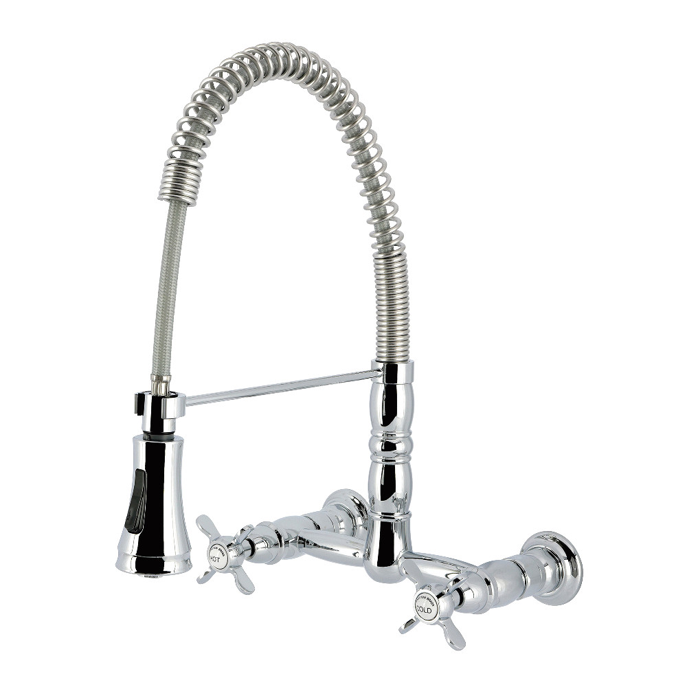 Picture of Kingston Brass GS1241BEX Essex Double-Handle Wall-Mount Pre-Rinse Bridge Kitchen Faucet, Polished Chrome - 10.25 x 13.13 x 15.94 in.