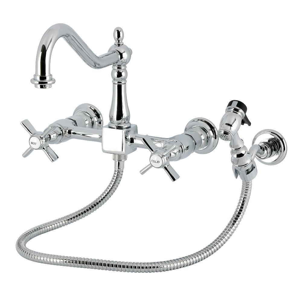 Picture of Kingston Brass KS1241ZXBS Millennium Double-Handle Wall-Mount Bridge Kitchen Faucet with Brass Sprayer - Polished Chrome