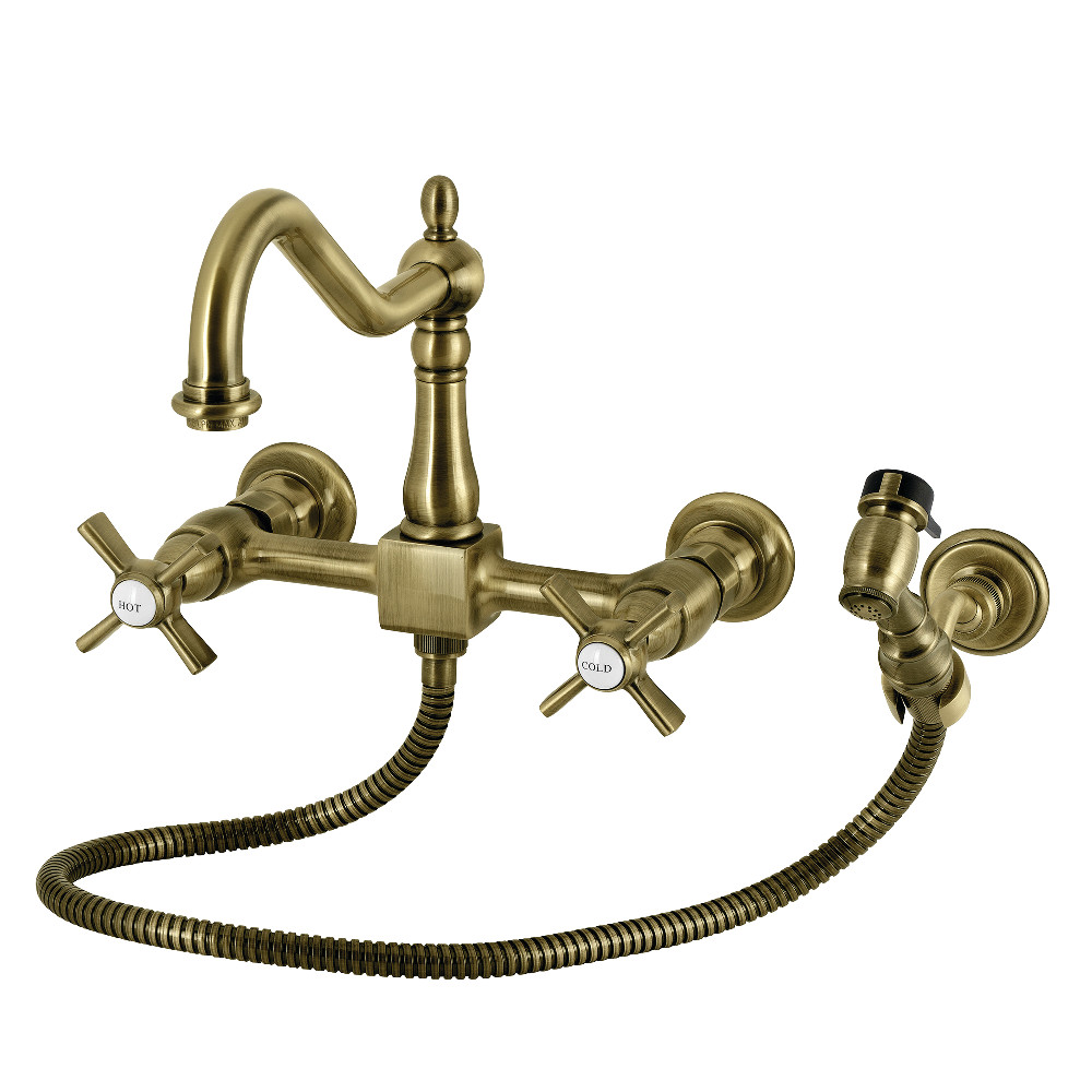 Picture of Kingston Brass KS1243ZXBS Millennium Double-Handle Wall-Mount Bridge Kitchen Faucet with Brass Sprayer - Antique Brass
