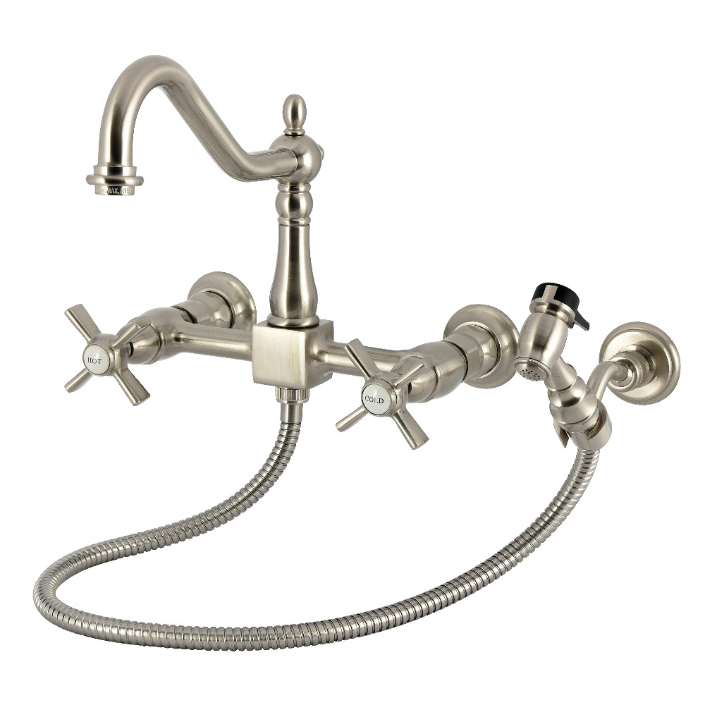 KS1248ZXBS Millennium Double-Handle Wall-Mount Bridge Kitchen Faucet with Brass Sprayer - Brushed Nickel