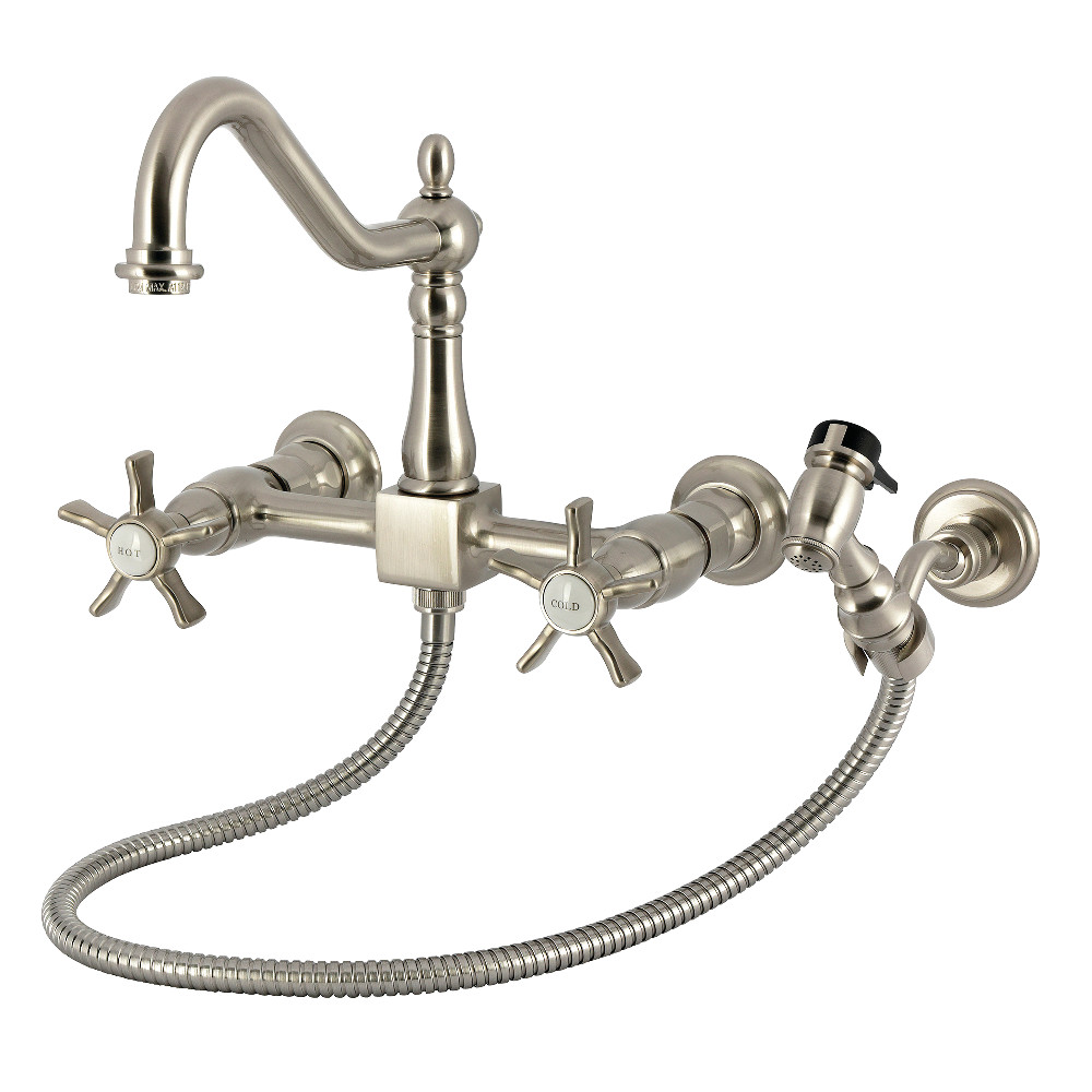 KS1248NXBS Hamilton Double-Handle Wall-Mount Bridge Kitchen Faucet with Brass Sprayer - Brushed Nickel