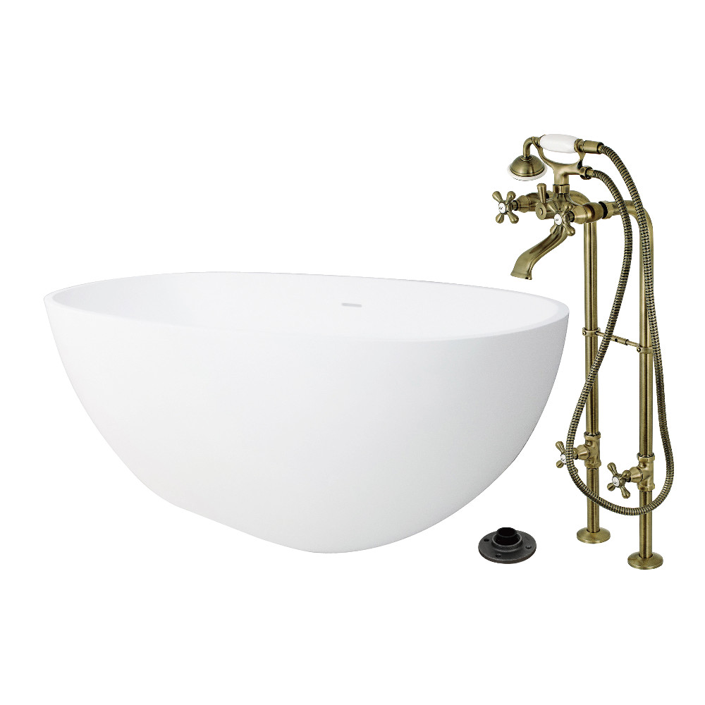 KRTRS6531266K3 65 in. Solid Surface Oval Double Ended Freestanding Tub with Faucet Combo & Drain - Antique Brass