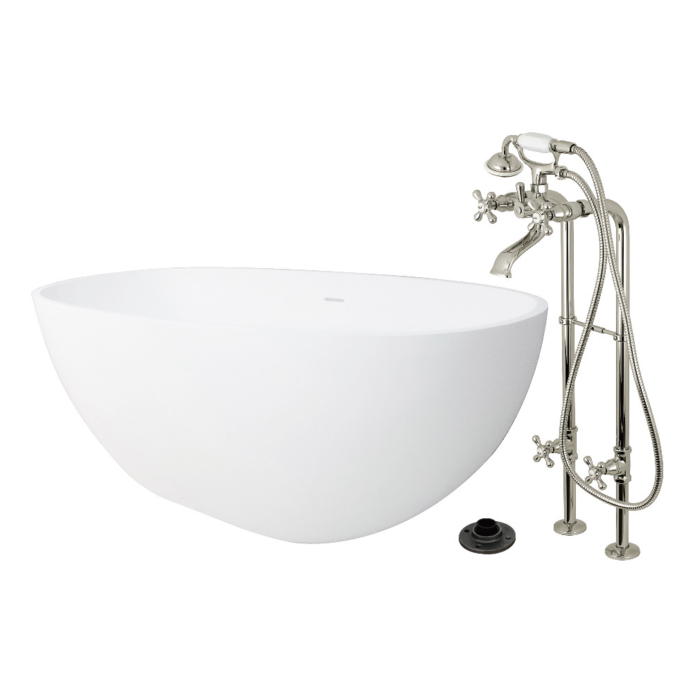 KRTRS6531266K6 65 in. Solid Surface Oval Double Ended Freestanding Tub with Faucet Combo & Drain - Polished Nickel