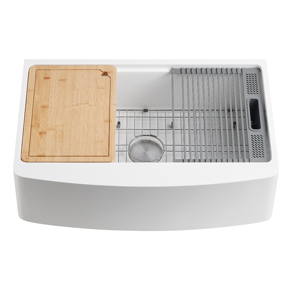 Picture of Kingston Brass GKKA36229 36 in. Solid Surface White Stone Apron-Front Single Bowl Farmhouse Kitchen Sink with Accessory Set - Glossy White