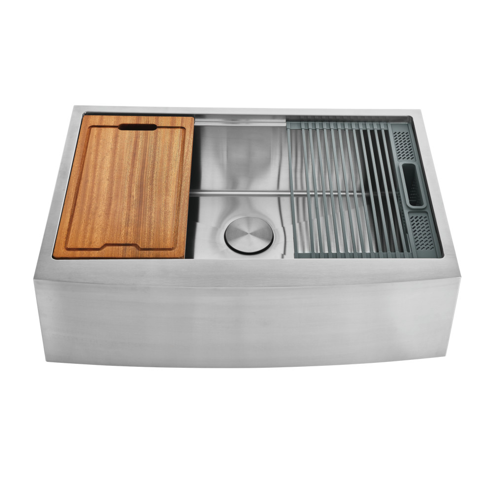 Picture of Kingston Brass GKUSF332210 Uptowne 33 in. Stainless Steel Apron-Front Single Bowl Farmhouse Kitchen Sink with Kitchen Accessory Set - Brushed - 6 Piece