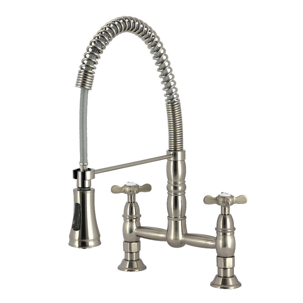 Picture of Kingston Brass GS1278BEX Essex Double-Handle Deck-Mount Pre-Rinse Bridge Kitchen Faucet - Brushed Nickel