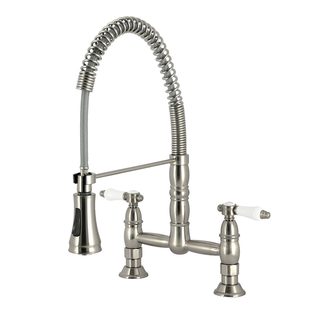 Picture of Kingston Brass GS1278BPL Bel-Air Double-Handle Deck-Mount Pre-Rinse Bridge Kitchen Faucet - Brushed Nickel