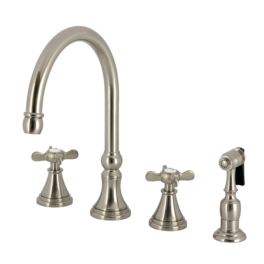 Picture of Kingston Brass KS2798BEXBS Essex Double-Handle Widespread Kitchen Faucet with Brass Sprayer - Brushed Nickel