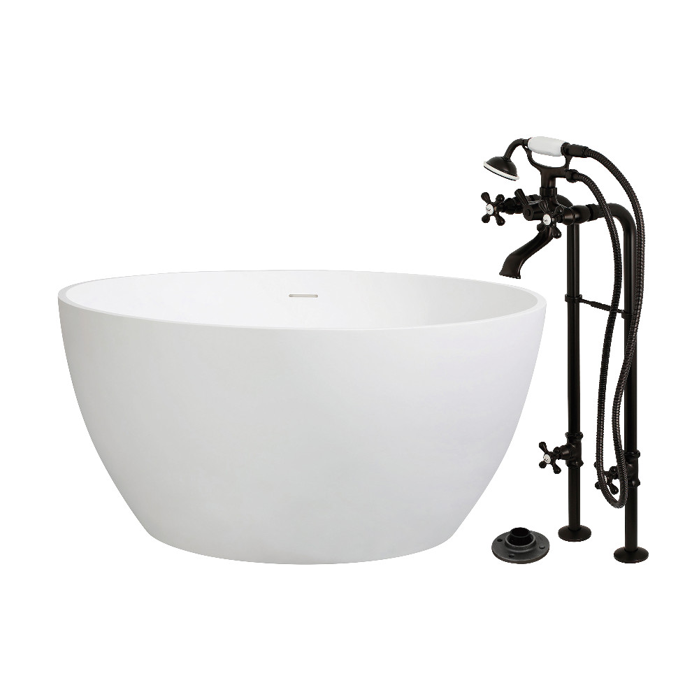 KRTRO4545266K5 45 in. Solid Surface Round Double Ended Freestanding Tub with Faucet Combo & Drain - Oil Rubbed Bronze