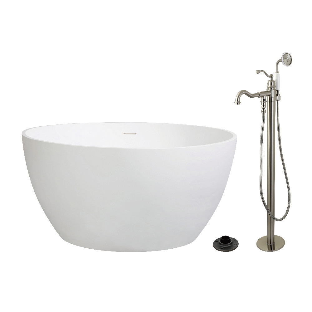 KRTRO4545138AL 45 in. Solid Surface Round Double Ended Freestanding Tub with Faucet Combo & Drain, Brushed Nickel