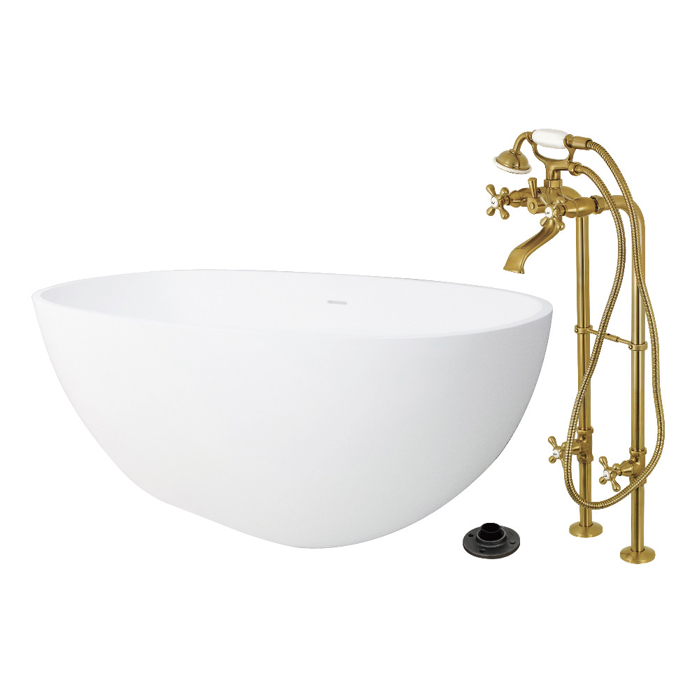 KRTRS6531266K7 65 in. Solid Surface Oval Double Ended Freestanding Tub with Faucet Combo & Drain, Brushed Brass