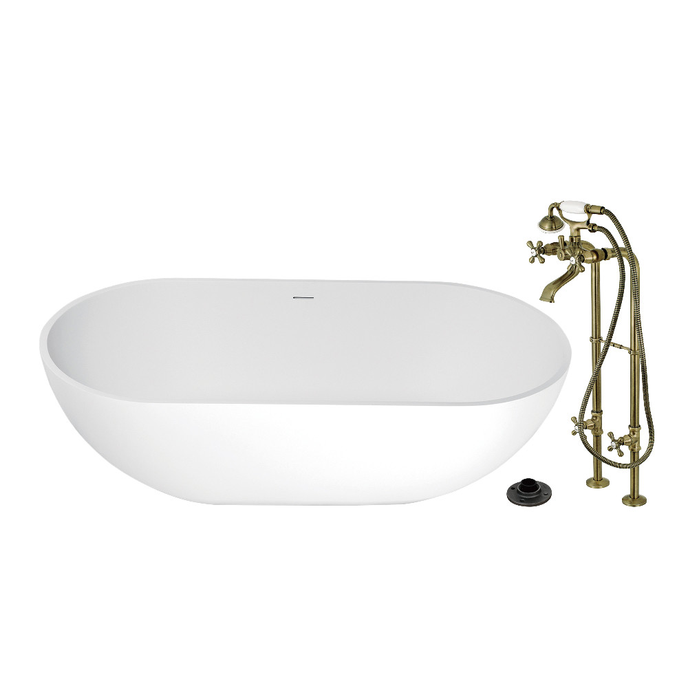 KRTRS7035266K3 70 in. Solid Surface Oval Double Ended Freestanding Tub with Faucet Combo & Drain - Antique Brass