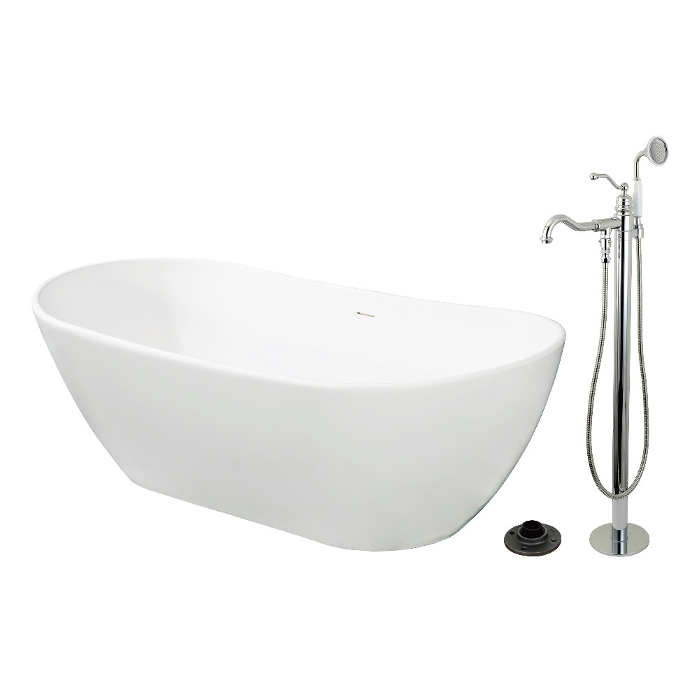 KRTRS7232131AL 72 in. Solid Surface Oval Double Ended Freestanding Tub with Faucet Combo & Drain - Polished Chrome