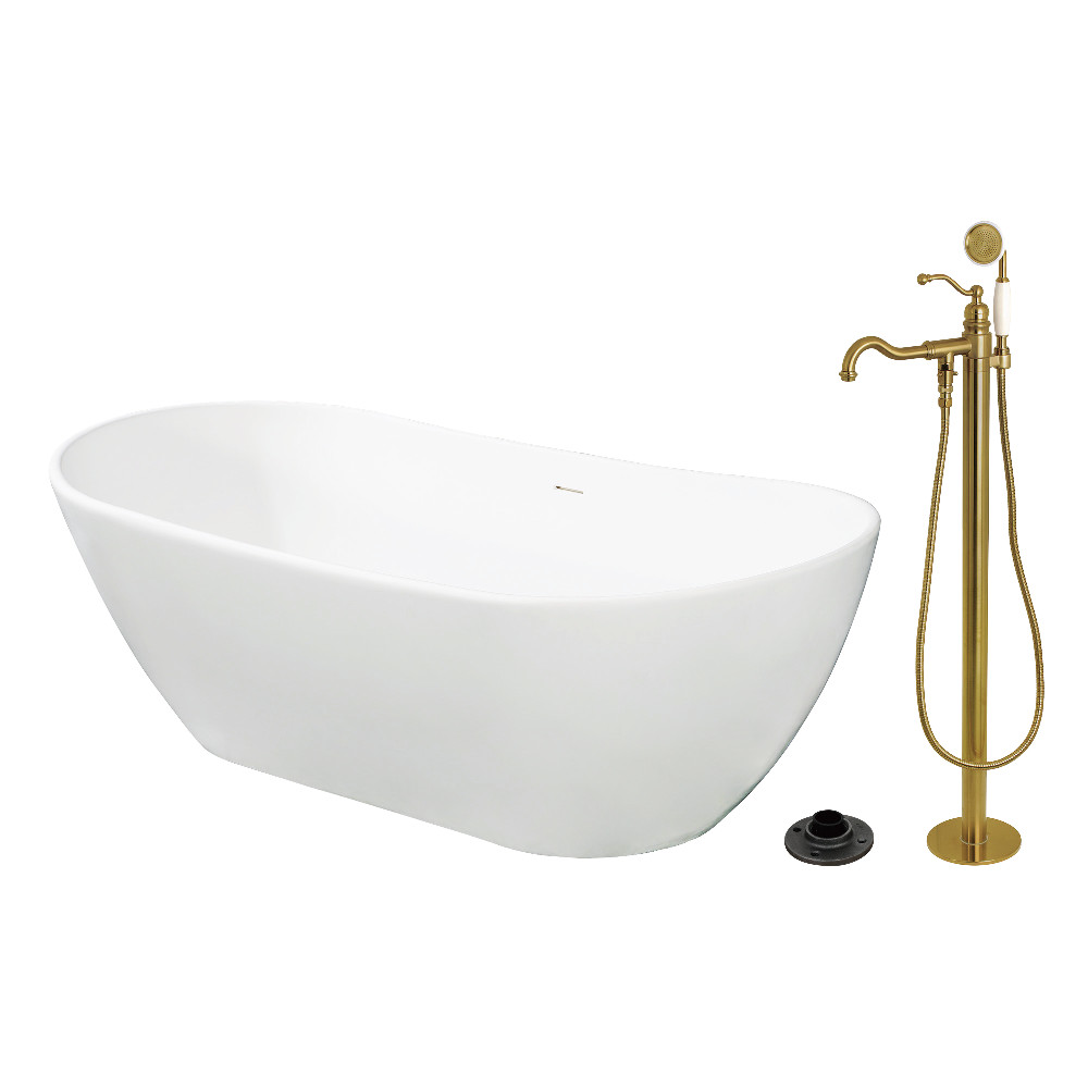 KRTRS7232137AL 72 in. Solid Surface Oval Double Ended Freestanding Tub with Faucet Combo & Drain - Brushed Brass
