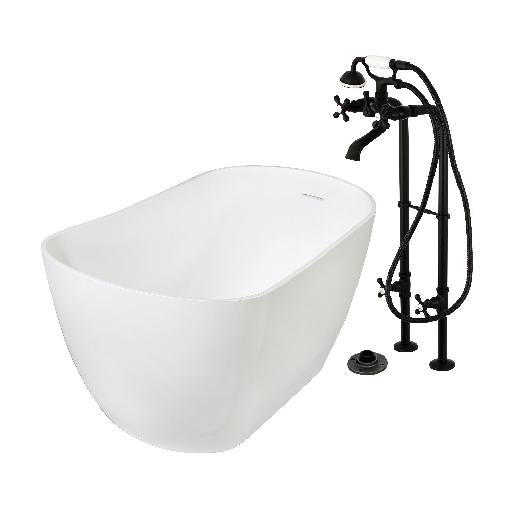 KRTSS5130266K0 51 in. Solid Surface Oval Single Slipper Freestanding Tub with Faucet Combo & Drain, Matte Black