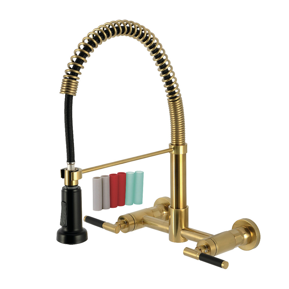 Picture of Kingston Brass GS8187CKL Kaiser Double-Handle Wall-Mount Pre-Rinse Bridge Kitchen Faucet - Brushed Brass